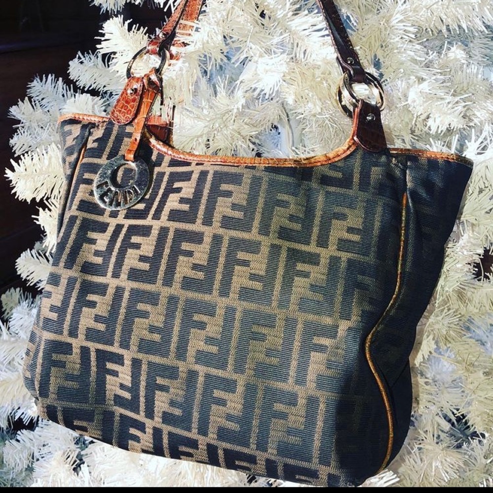 FENDI Crocodile Embossed Trim Zucca Chef Tote Bag